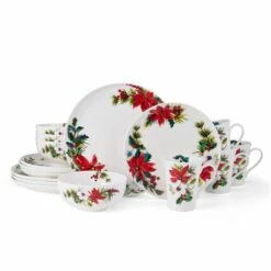 Best Pirce 🛒 Mikasa® Hope Joy Poinsettia 16 Piece Dinnerware Set, Service for 4 ✔️
