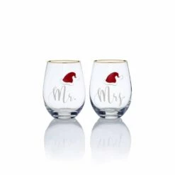 Promo 🛒 Celebrations by Mikasa® Stemless Gifts Mr And Mrs Santa Hat Stemless Wine Set of 2 💯
