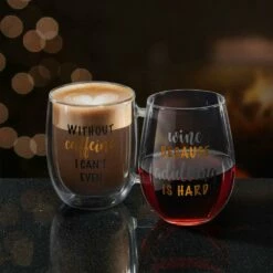 Cheap ✔️ Mikasa® Double Wall Mug and Stemless Wine Glass Set of 2, Caffeine Wine Sentiment 👏 -Mikasa Sales 2023 stemless set of 2 caffeine wine glass and glass mug 5281857 2