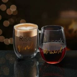 Coupon 🌟 Mikasa® Double Wall Mug and Stemless Wine Glass Set of 2, Rise and Unwind Sentiments 🌟 -Mikasa Sales 2023 stemless set of 2 unwind wine glass and glass mug 5281850 2