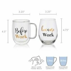 Deals ✨ Mikasa® Double Wall Mug and Stemless Wine Glass Set of 2, Work Sentiment 🔥 -Mikasa Sales 2023 stemless set of 2 work wine glass and glass mug 5281856 5