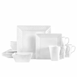 Coupon 🛒 Mikasa® Trellis White Square 16 Piece Dinnerware Set, Service for 4 🧨